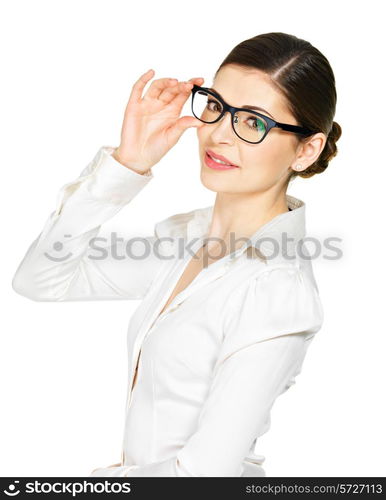 Portrait of the beautiful happy young woman in glasses and white office shirt- isolated on white background&#xA;