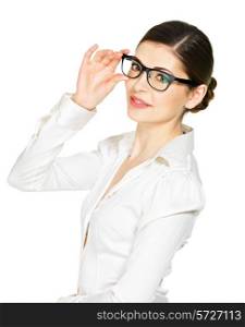 Portrait of the beautiful happy young woman in glasses and white office shirt- isolated on white background&#xA;
