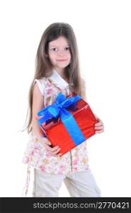 Portrait of the beautiful long-haired girl with a gift. Isolated on white background