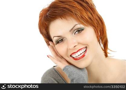 Portrait of the beautiful red girl isolated on a white background