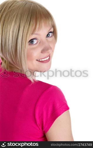 Portrait of the beautiful smiling girl with blue eyes. Isolated on white background