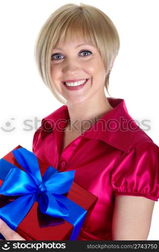 Portrait of the beautiful smiling woman with a gift. Isolated on white background