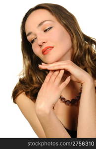 Portrait of the beautiful woman closeup. It is isolated on a white background