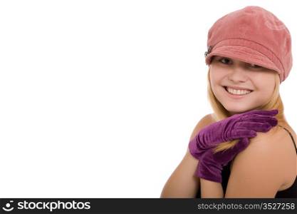 Portrait of the beautiful young girl in gloves on a white background