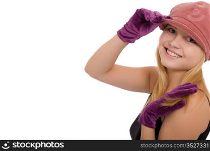Portrait of the beautiful young girl in gloves on a white background