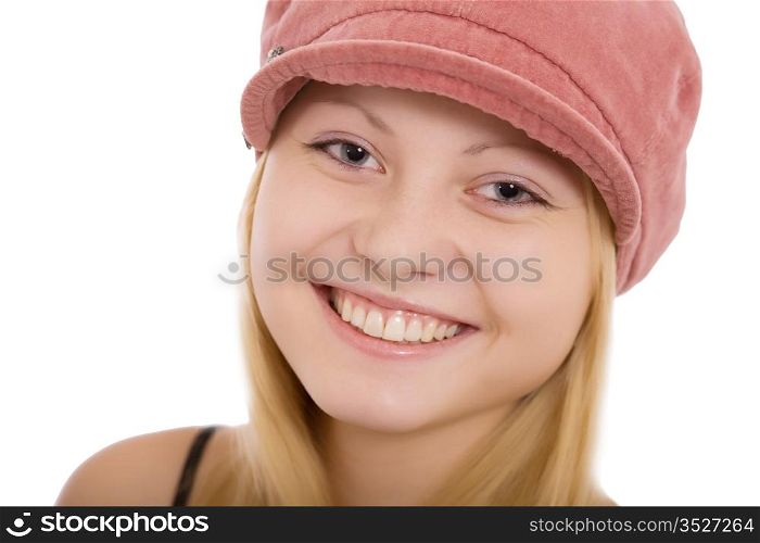 Portrait of the beautiful young girl on a white background