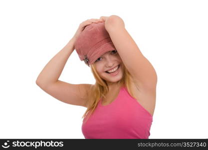 Portrait of the beautiful young girl on a white background