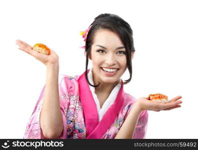 Portrait of the Beautiful Young Japanese Woman Eating Sushi with Two Pairs of Chopsticks, Wearing a Traditional Kimono Dress at the white background