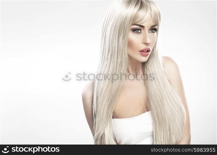 Portrait of the blond lady with really long hair
