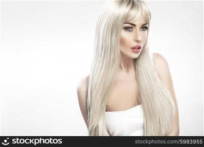 Portrait of the blond lady with really long hair