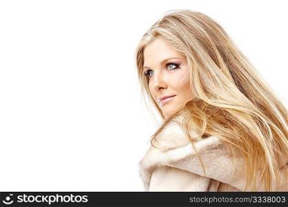 Portrait of the charming blonde in the fur collar, isolated