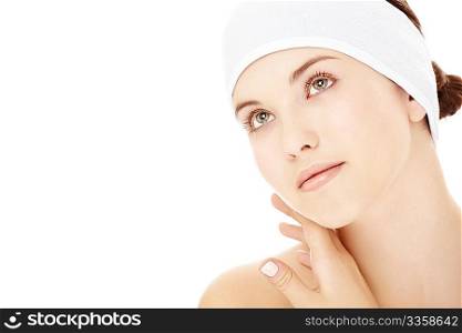 Portrait of the girl in the cosmetology bandage, isolated on a white background