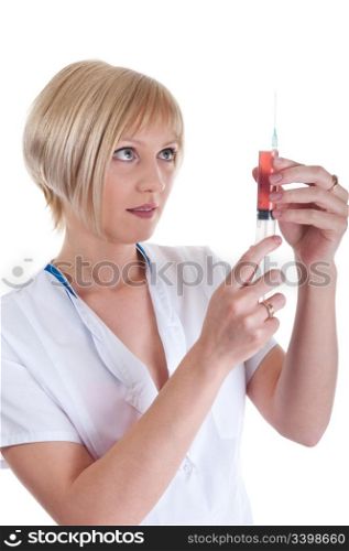 Portrait of the girl of the doctor with a syringe in hands. Isolated on white background
