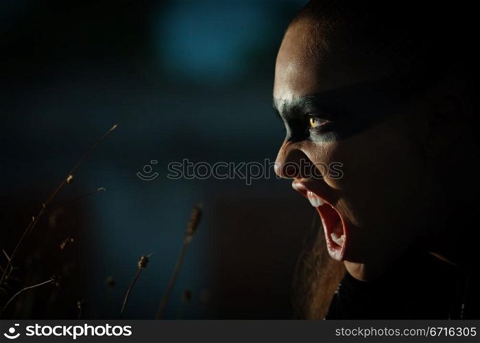 PORTRAIT OF THE GIRL WITH DRAWN IN THE FACE OF THE BLACK BANDAGE. SHOOTING WITH RIGID LIGHT AT NIGHT, IN THE FIELD AGAINST THE SKY
