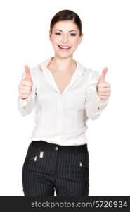 Portrait of the happy woman with thumbs up sign in white office shirt - isolated on white background.