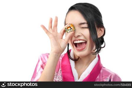 Portrait of the Happy Young Japanese Woman Holding Sushi at the white background. Please, view my other pictures of this series below: