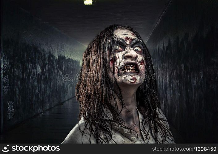 Portrait of the horror zombie woman with bloody face. Zombie woman with bloody face