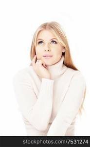 Portrait of the pensive blonde isolated on a white background