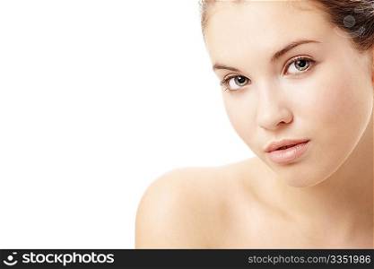 Portrait of the sensual girl without a make-up, isolated on a white background