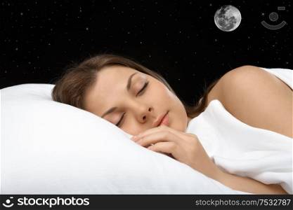 Portrait of the sleeping woman against the star sky, horizontally