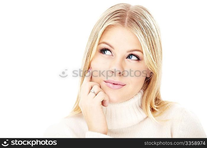 Portrait of the thoughtful blonde isolated on a white background