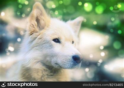 Portrait of the white siberian samoyed husky dog with heterochromia. Phenomenon when eyes have different colors. Green bokeh fairy background. White siberian samoyed husky dog with heterochromia eyes