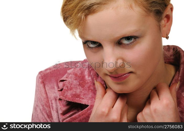 Portrait of the woman with red hair close up. It is isolated on a white background