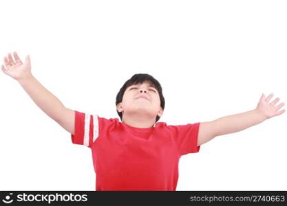 Portrait of the young boy holding hands up