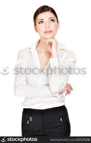 Portrait of the young thinking woman looks up - isolated on white background.