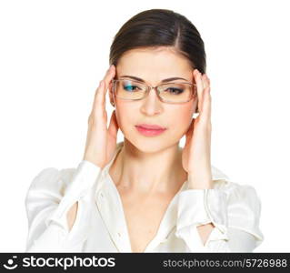 Portrait of the young woman in glasses with strong headache and white office shirt- isolated on white background&#xA;