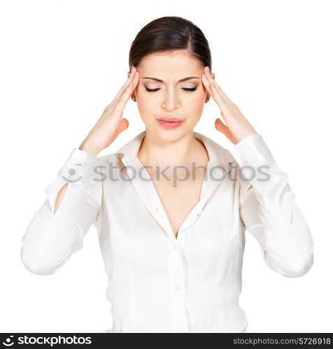 Portrait of the young woman in glasses with strong headache squeezes the temples- isolated on white background&#xA;
