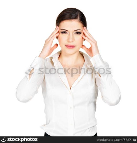 Portrait of the young woman in glasses with strong headache squeezes the temples- isolated on white background&#xA;