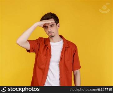 Portrait of thinking man surrounded by question mark on isolated background. Finding inspiration or solution to problem.