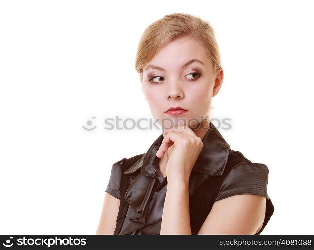 Portrait of thoughtful businesswoman pensive boss. Beautiful blonde woman in black dress isolated on white. Business worker.
