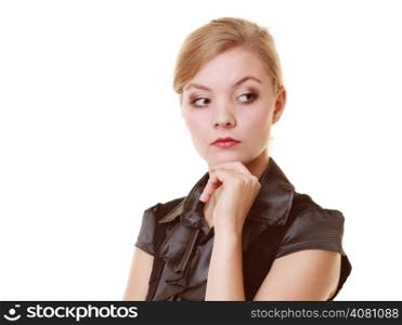 Portrait of thoughtful businesswoman pensive boss. Beautiful blonde woman in black dress isolated on white. Business worker.
