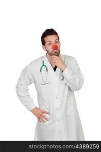 Portrait Of Thoughtful Clown Doctor Isolated Over White Background
