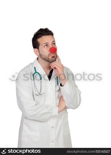 Portrait Of Thoughtful Clown Doctor Isolated Over White Background