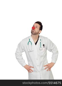 Portrait Of Thoughtful Clown Doctor Isolated Over White Background