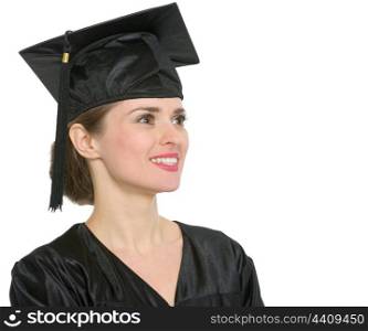 Portrait of thoughtful graduation student woman. HQ photo. Not oversharpened. Not oversaturated. Portrait of thoughtful graduation student woman isolated