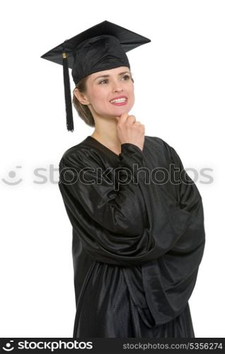 Portrait of thoughtful graduation woman. HQ photo. Not oversharpened. Not oversaturated. Portrait of thoughtful graduation woman isolated