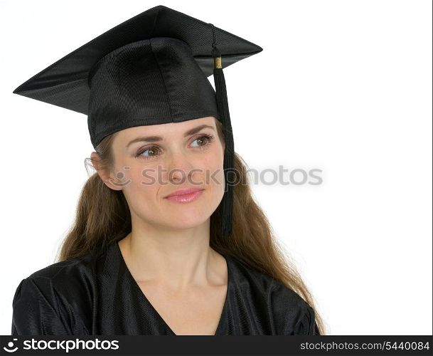 Portrait of thoughtful graduation woman looking on copy space