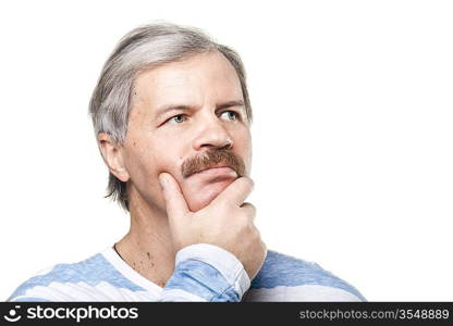 portrait of thoughtful mature caucasian man isolated on white background