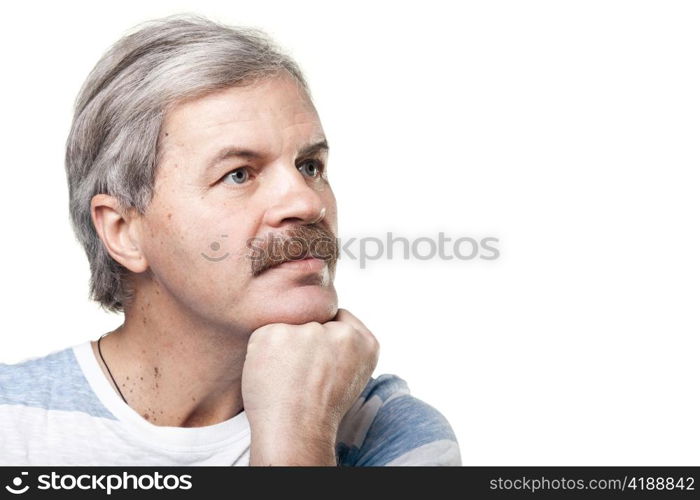 portrait of thoughtful mature caucasian man isolated on white background