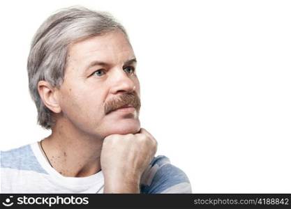 portrait of thoughtful mature caucasian man isolated on white background
