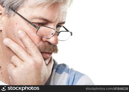 portrait of thoughtful mature caucasian man isolated on white background