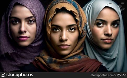 Portrait of three beautiful Arab woman smiling looking at the camera indoors . IA Generative image