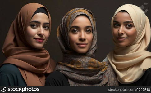 Portrait of three beautiful Arab woman smiling looking at the camera indoors . IA Generative image