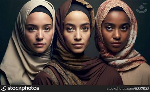 Portrait of three beautiful Arab woman smiling looking at the camera indoors . IA Generative image