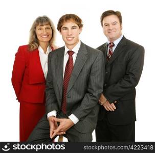 Portrait of three friendly, competent business people. Isolated on white.