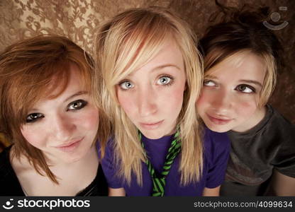 Portrait of three pretty young girls on a gold background